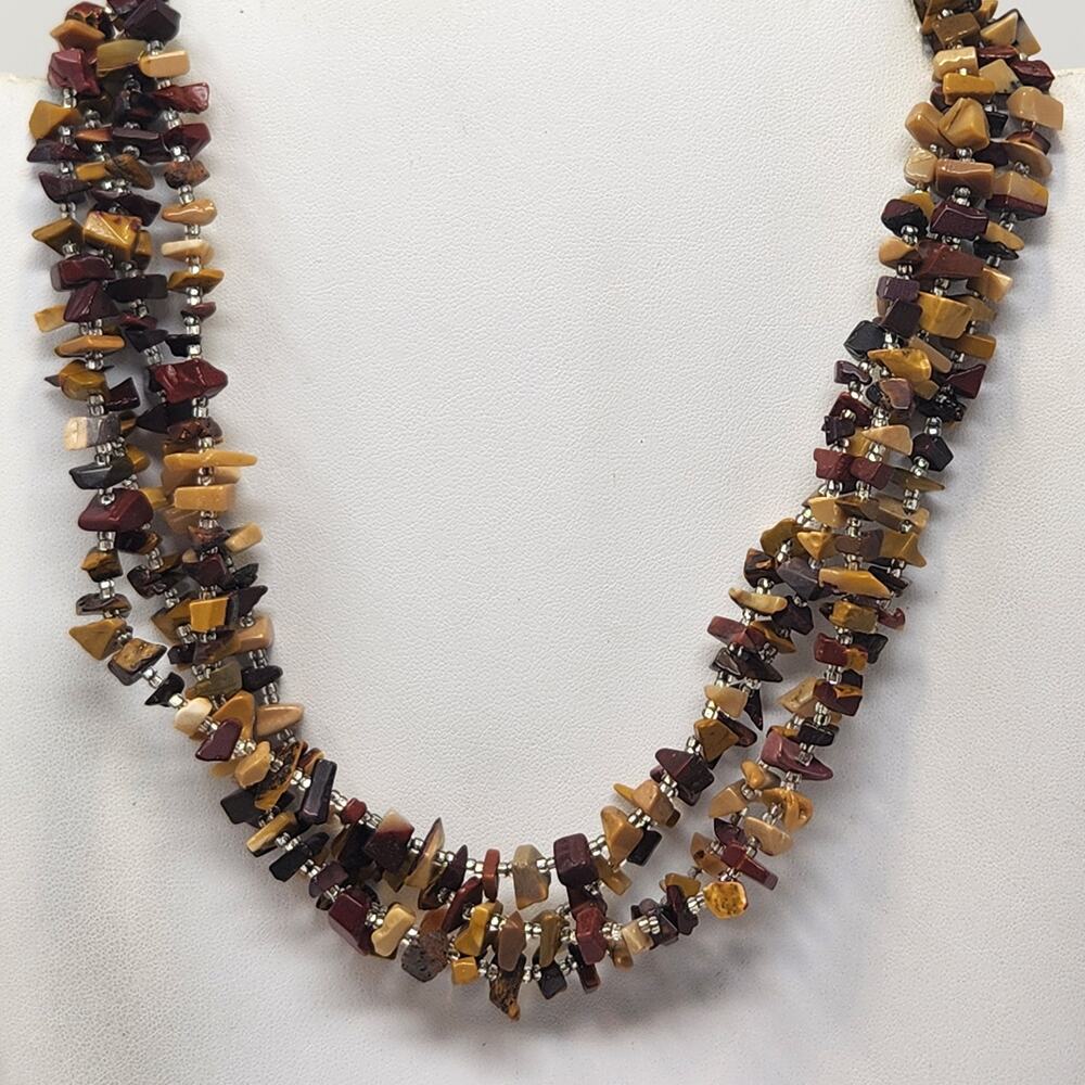 Paige Wallace Stone Chip Bead Multi Strand Necklace Sterling Clasp Earth Tones